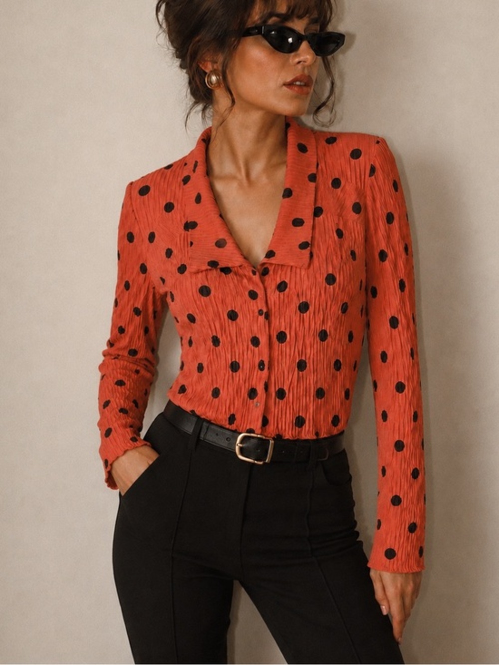 Babette crinkled peach and black polkadot collared long sleeve top M